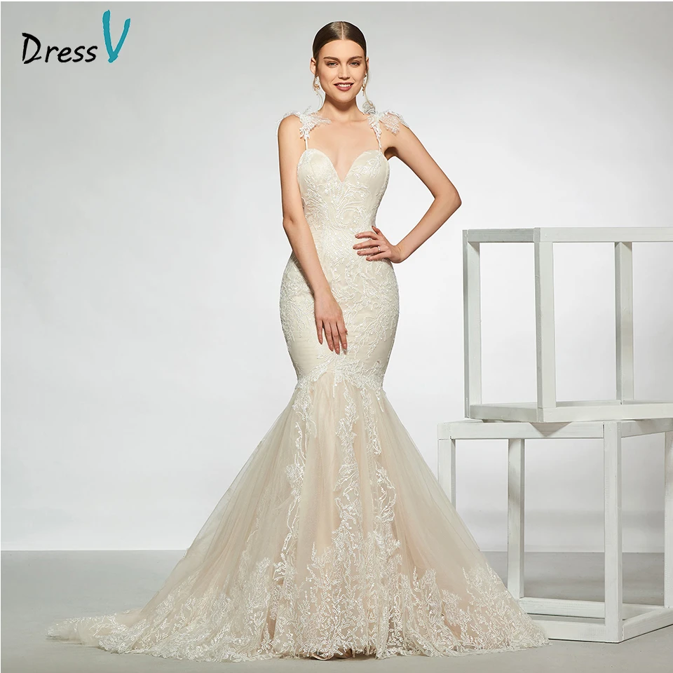 

Dressv elegant spaghetti straps lace wedding dress sleeveless mermaid floor length simple bridal gowns wedding dress