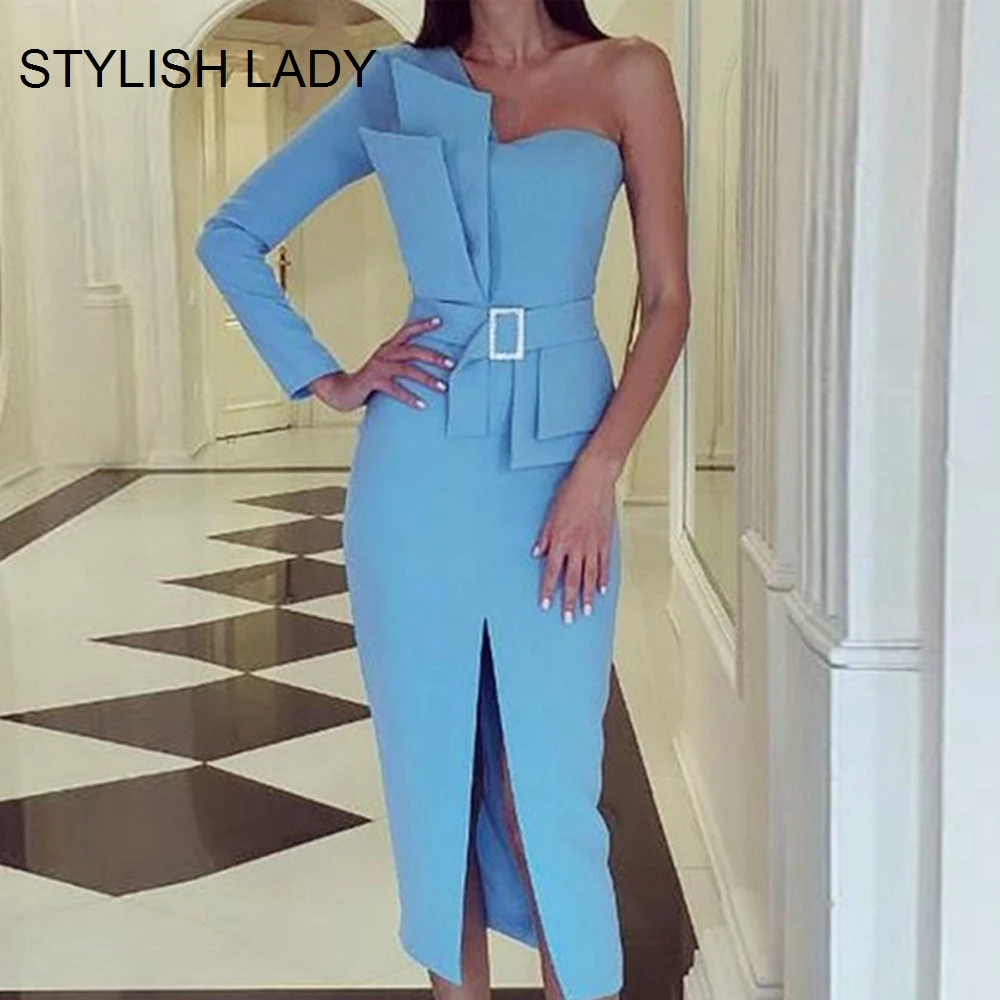 

STYLISH LADY One Shoulder Elegant OL Dress 2019 Summer Women Irregular Bodycon Bandage Split Club Party Midi Vestidos Femininos