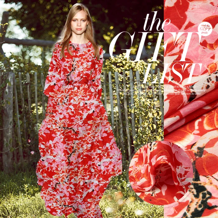 

140cm wide 15.5mm 30% silk 70% linen red leaves print summer fabric a little transparent and hard fabric D168