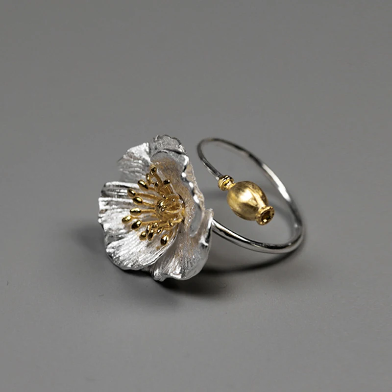 Lotus Fun Real 925 Sterling Silver Handmade Designer Fine Jewelry Blooming Poppies Flower Rings for Women Bijoux Fine Jewelry