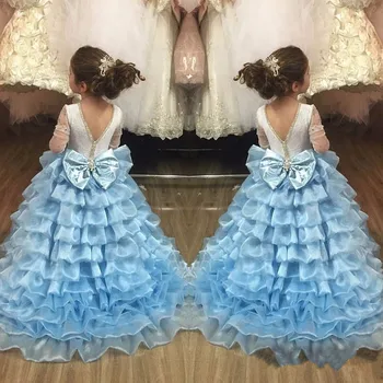 

Tiered Tulle Girls Pageant Gowns With Bow Beading V-Back Sweep Train Customized Flower Girl Dress For Special Occasion Prom Gown