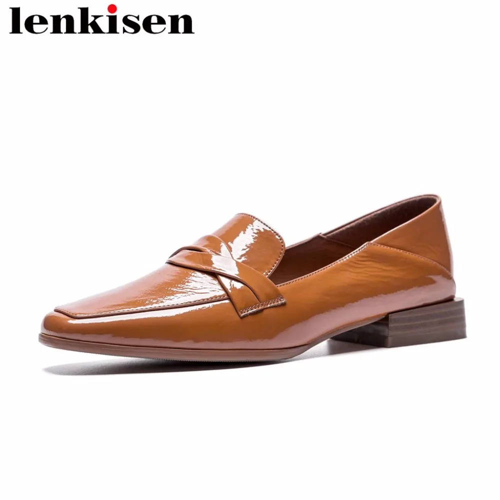 

Lenkisen british school breathable slip on square toe genuine leather square low heels retro design campus party women pumps L11