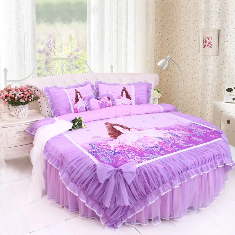 Top LACE ROUND Corner Bed Europe Orange color Flower Bedding sets Cotton Round Double Bed sheet Duvet cover Pillow case Bedskirt 25