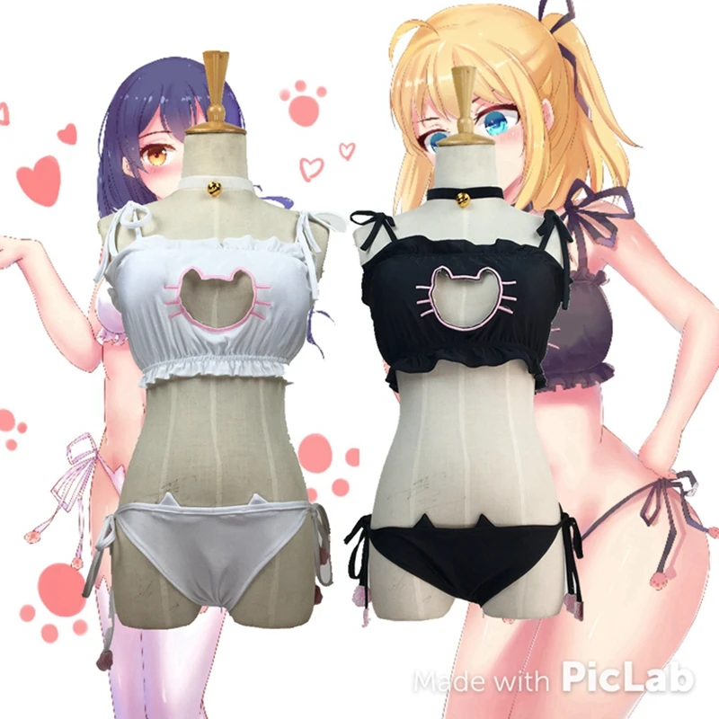 

New Arrive Cute Sexy Kawaii Kitty Cat Embroidery Meow star Keyhole Hollow Bra And Underwear Love live Anime Cosplay Lingerie Set