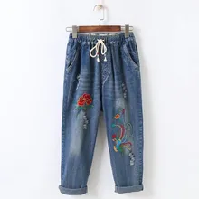 Летние женские джинсовые брюки с вышитыми цветами, свободные уличные повседневные джинсы, женские брюки с дырками и эластичной талией