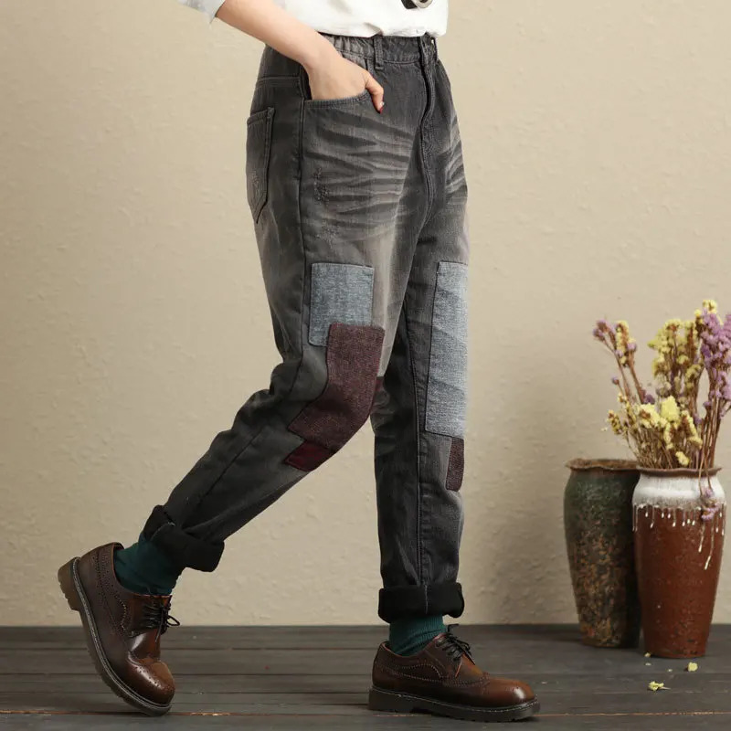 Blanqueado Damas Engrosamiento 2017 Forrado Vaqueros Femenino Pants 01 Patchwork Denim Invierno Fleece Pantalones Para Faux G101702 Harem 0PwtOxqPr
