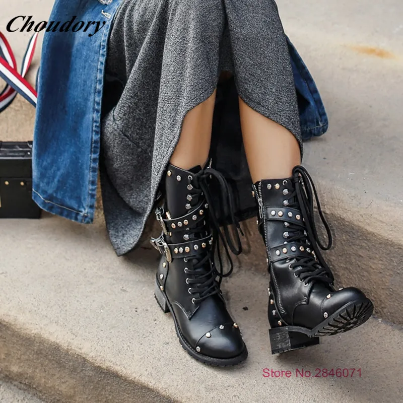 Choudory Стиль Середины Икры Botas Mujer Езда Сапоги Double Ремни Пряжки Черный босоножки