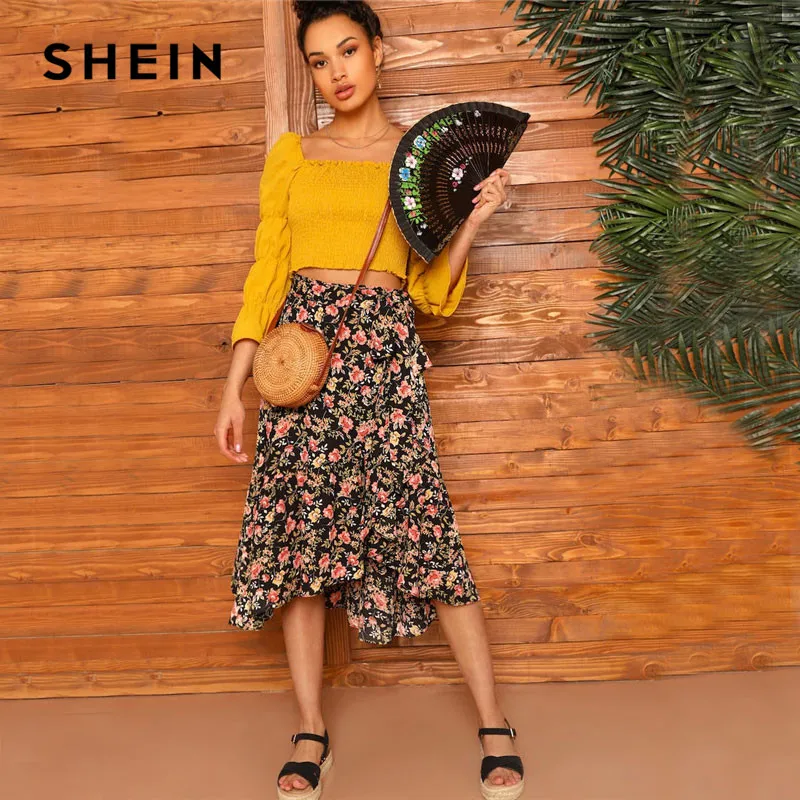 

SHEIN Boho Floral Print Waist Knot Asymmetrical Hem Midi Skirt Women Summer Casual Beach Vacation Shift Mid Waist Skirts