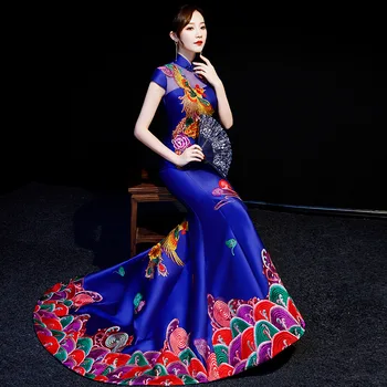 

Blue Mermaid Evening Dress Elegant Luxury Embroidery Qipao Chinese Traditional Dress Long Cheongsam Evening Gowns China Dresses