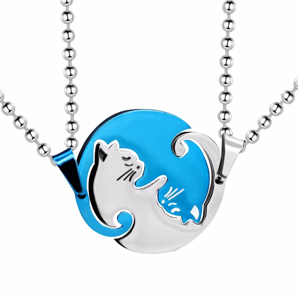 SN156 Blue Stainless Steel Matching Cat Pendant Necklaces