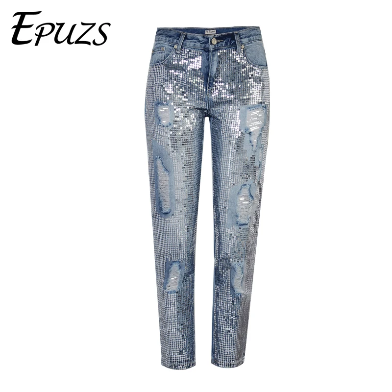 

Sequin jeans woman sexy plus size vintage mid waist hole mom boyfriend ripped jeans for women's jeans distressed denim pants