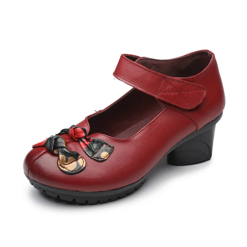 Spring 2019 New Genuine Leather Women's Single Shoes For Middle-aged And Old People With Thick Heels Middle Heels