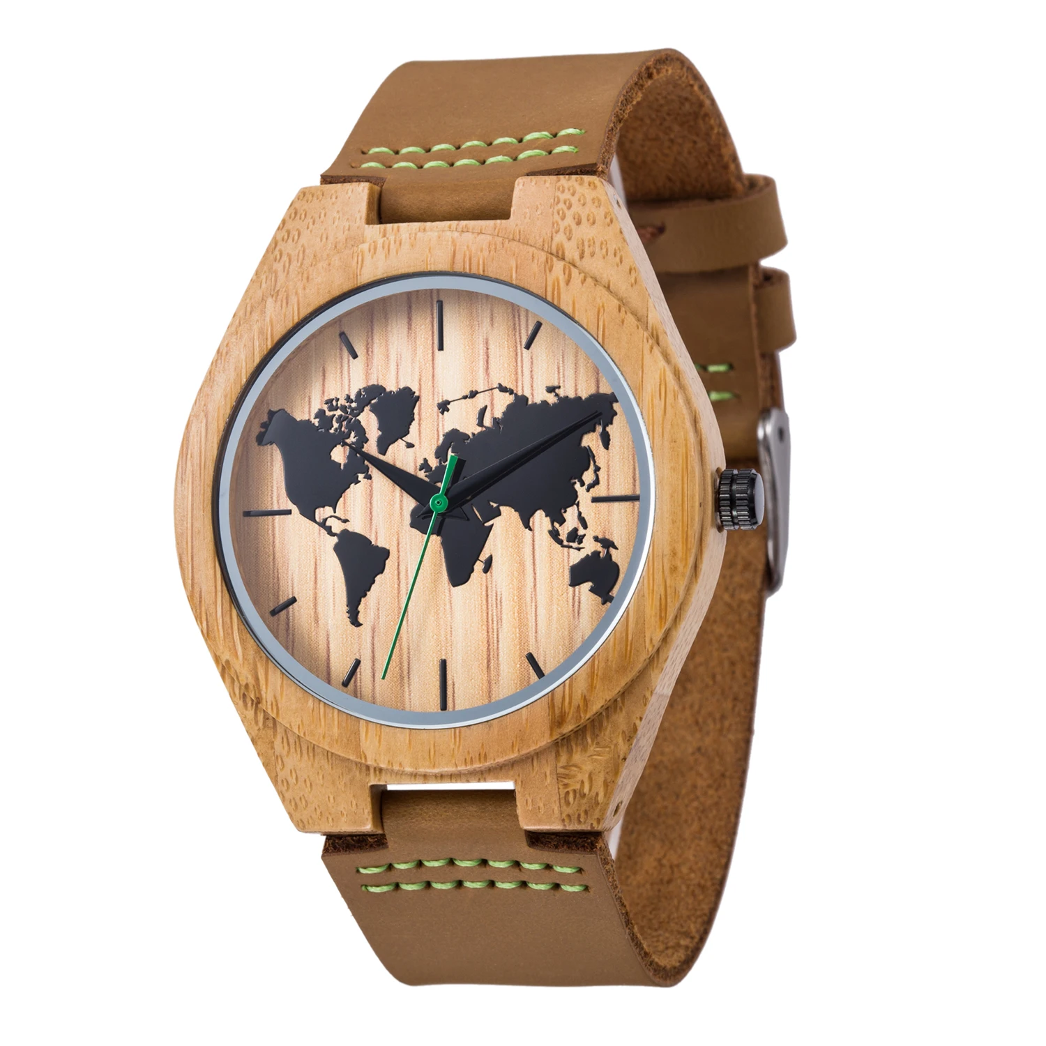 New World Map Mens Genuine Leather Quartz Watch Wood