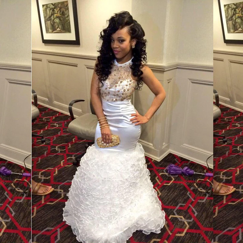 

Saudi Arabia Sexy African Floor Length Prom Gown O Neck Rhinestones Beading Long Mermaid Evening Dress