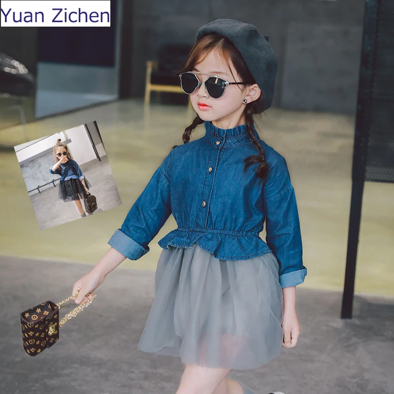 2017 New Fashion Girls Baby Lace  Cowboy Dress Long Sleeve Children Patchwork Mesh Dresses for Girls Winter Miniskirt Gress