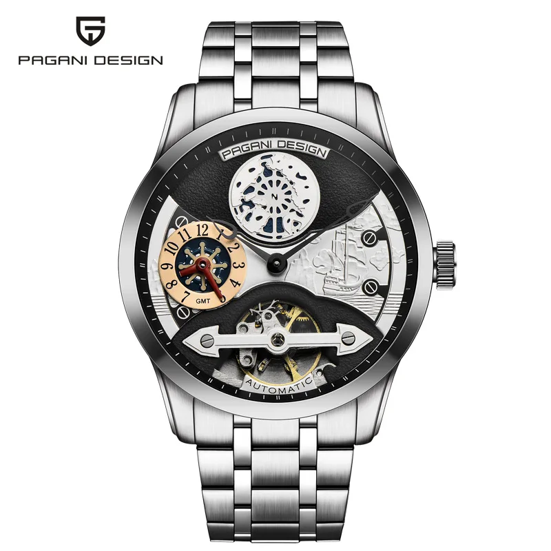PAGANI Дизайн турбийон автоматические механические часы мужские кожаные часы Скелет Мужские часы Роскошные спортивные деловые наручные часы - Цвет: steel black