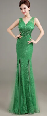 MJ445 Длинные вечерние платья vestido de festa Longo com Renda - Цвет: GREEN