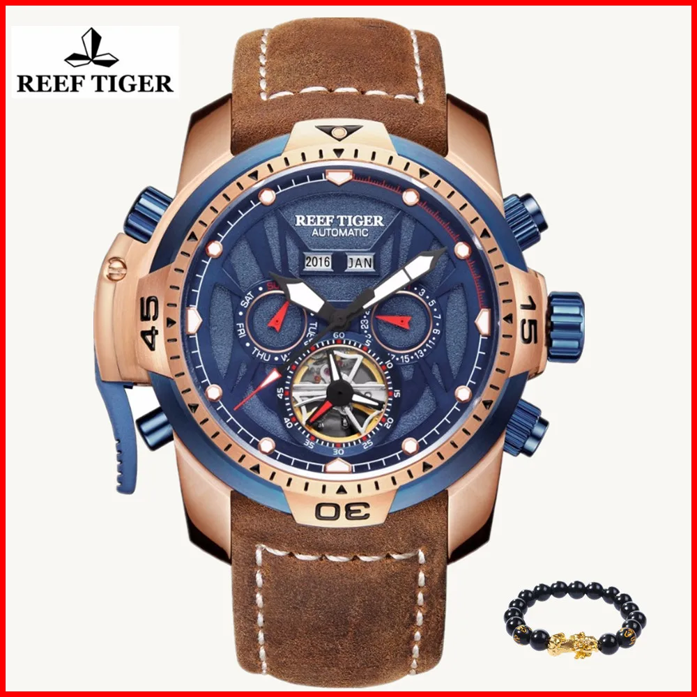 

Reef Tiger Brand Sport Watches Mens Fashion tourbillon Leather Mechanical Automatic Waterproof Watch Clock Men Relogio Masculino