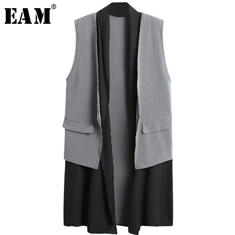 

[EAM] 2019 New Spring Summer Cardigan Sleeveless Spliced Pockets Plaid Brief Temperament Long Vest Women Fashion Tide JX797