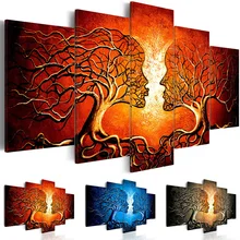 Pintura em tela decoração da casa 5 peças beijo árvore vermelho azul amarelo cor amor fotos impressões abstratas cartaz modular parede arte