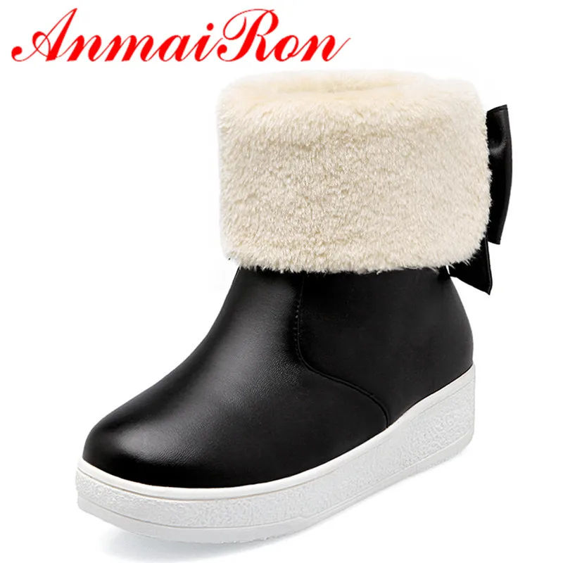 

ANMAIRON Low Heels Winter Warm Snow Boots Shoes Woman Wedges Round Toe Bowties Charms Ankle Boots for Women 3 Colors White Shoes