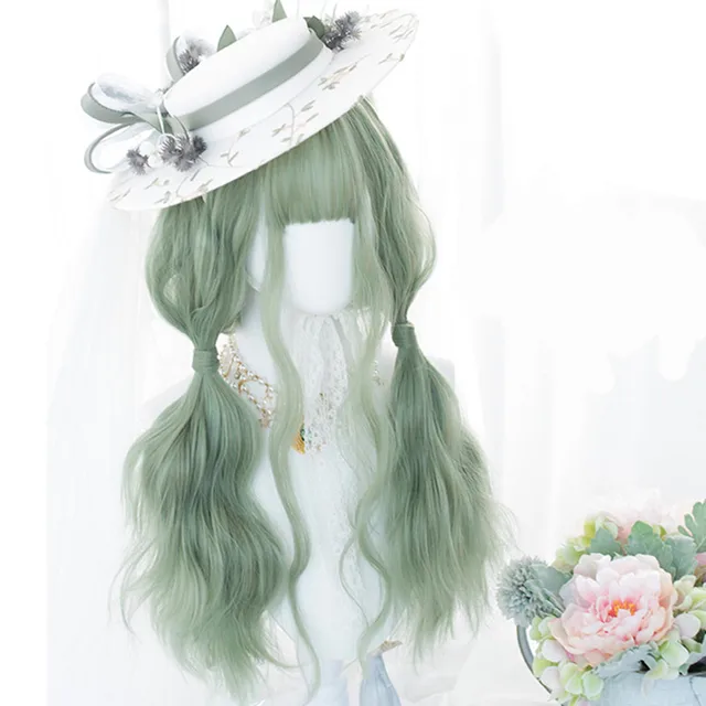 CosplaySalon H762480C 70CM Long Curly Light Green Halloween Lolita Japan Cute Bangs Synthetic Hair Party Cosplay Wig Free Cap
