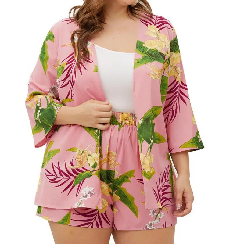 

Nine-sleeve Cardigan Jacket Wide-legged High-waist Shorts 2pcs Large-size Flower Printing Suits Bohemia Japan Kimono 2pcs Sets