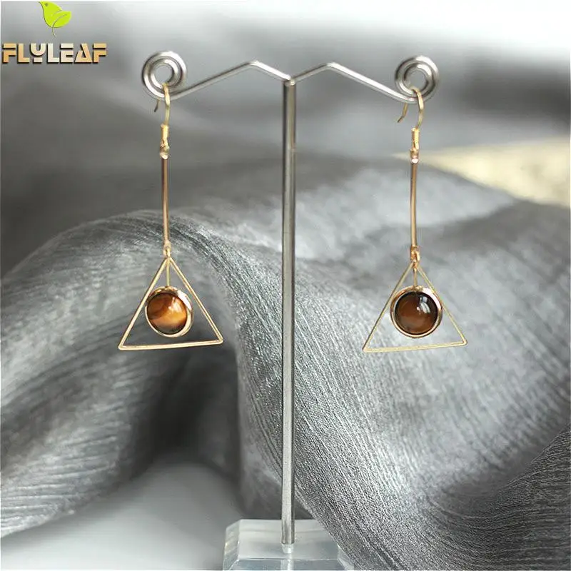 

Flyleaf 925 Sterling Silver Natural Stone Drop Long Earrings For Women Gold Triangle Geometric Dangle Earings Fashion Jewelry