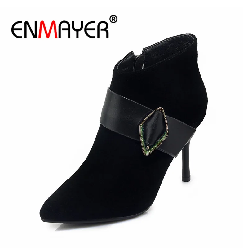 

ENMAYER Buckle Woman Ankle Boots Autumn Winter Fashion Boots Size 34-39 Zip Martin Boots Pointed Toe Thin heel High Heels CR972