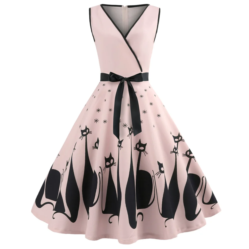 

Kenancy Audrey Hepburn 1960s Party Dress Sexy Sleeveless Belts Women Retro Dress Cat Print Swing Vestidos Robe