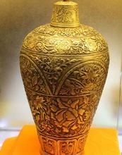 14″ Chinese Palace Buddhism Old Bronze Copper 24K Gold Flower Vase Bottle Pot