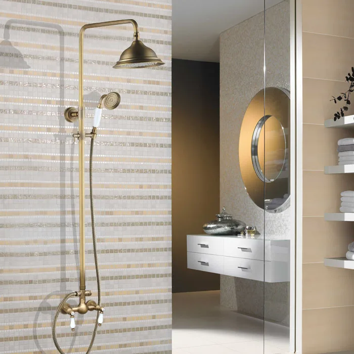 

Bathroom Dual Ceramics Handles Antique Brass Wall Mounted Round Shower Head Rain & Hand Shower Faucet Mixer Tap Set aan116