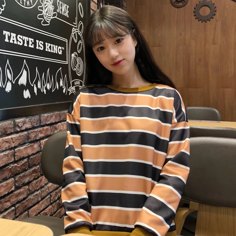 Women Contrast Color Striped Round Neck Casual Top T Shirts Femme Long Sleeve Fashion Harajuku T-shirt Lady Blue Orange | Женская одежда