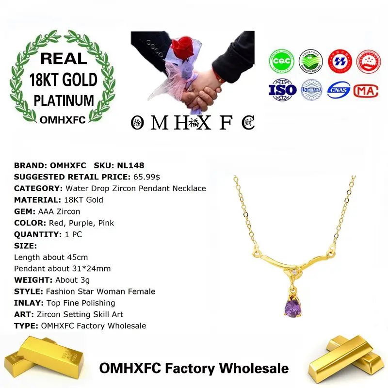 MHXFC Европейская мода женский праздничный свадебный подарок розовый красный капли воды AAA Циркон Настоящее 18KT золото кулон ожерелье NL148