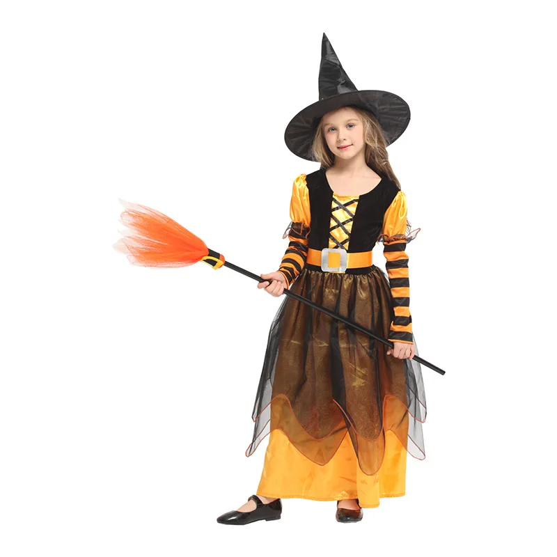 HUIHONSHE Лидер продаж для девочек костюм ведьмы дети ведьма платье со шляпой Одежда для Хэллоуина Косплэй вечерние фантазия костюмы