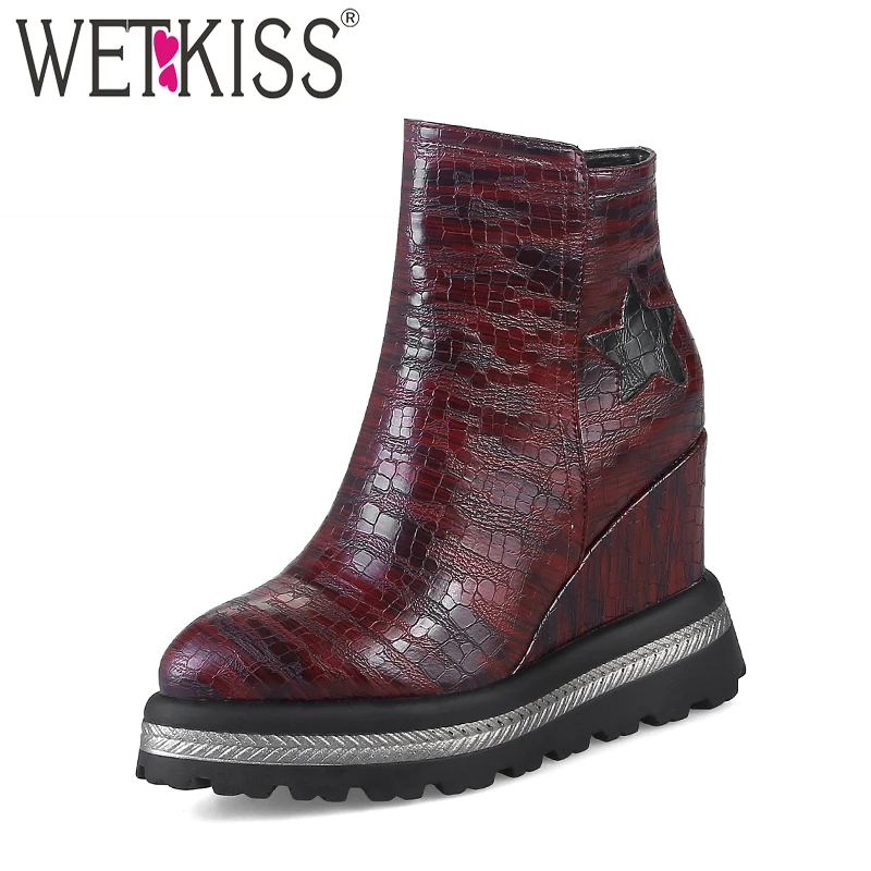 

WETKISS High Heels Women Ankle Boots Zip Pointed Toe Wedges Footwear Print Pu Female Boot Platform Shoes Woman 2018 New Winter