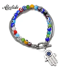 Atoztide Vintage Fatima Hand Evil Eye Beaded Bracelets Multi-layer Blue Stone Chain Bangles Women Man Summer Gifts