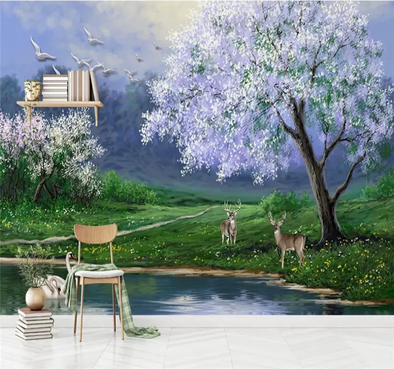 

Customized wallpaper beautiful oil painting big tree elk swan TV background wall decoration waterproof material