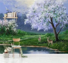 Customized wallpaper beautiful oil painting big tree elk swan TV background wall decoration waterproof material Customized wallpaper beautiful oil painting big tree elk swan TV background wall decoration waterproof material