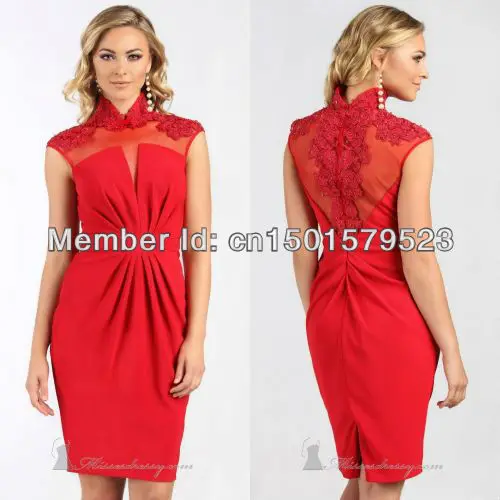 High-neck Formal Dress Sexy Cocktail Dresses Guest Red Sheath Applique Cape Sleeve Knee Length Pleat Diamonds | Свадьбы и торжества