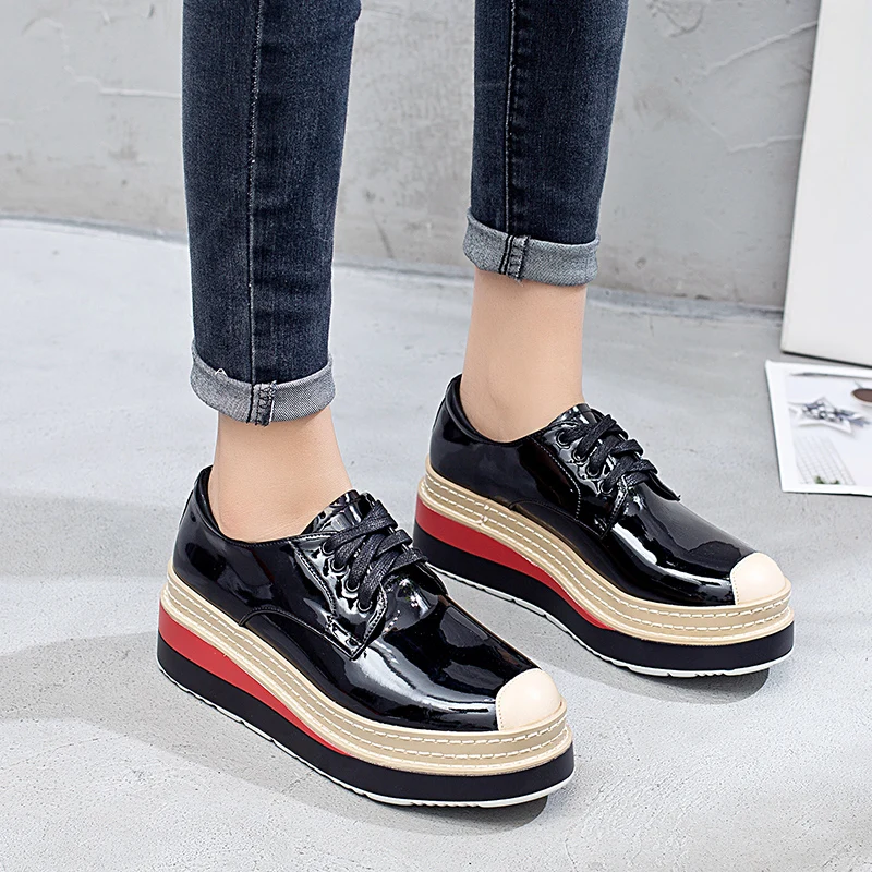 Cuir Plateforme Creeper Femmes Semelles Tendance Hauteur À Lacets 5 Cm Verni De Chaussures Nouvelle Épaisses Black Sling En p0qnP