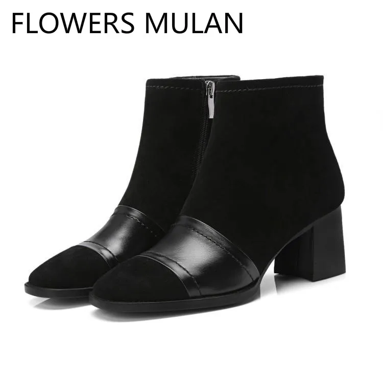 

Occident Stylish Patchwork Leather Suede Ankle Boots For Women Round Toe Middle Chunky Heel Ladies Booties Side Zipper Shoes