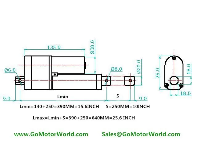 12V 24V LA12 Linear actuator with Potentiometer POT signal feedback  250mm stroke drawing