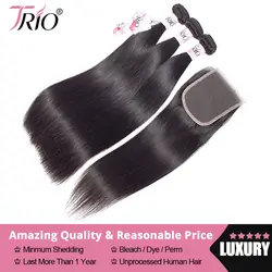 Трио Бесплатная доставка бразильские прямые человеческие волосы Weave Связки с синтетическое закрытие шнурка волос натуральный цвет 100%