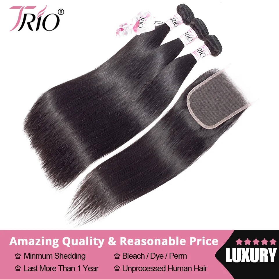 

TRIO Free Shipping Brazilian Straight Human Hair Weave Bundles With Lace Closure Natural Color 100% Remy Human Hair Extension