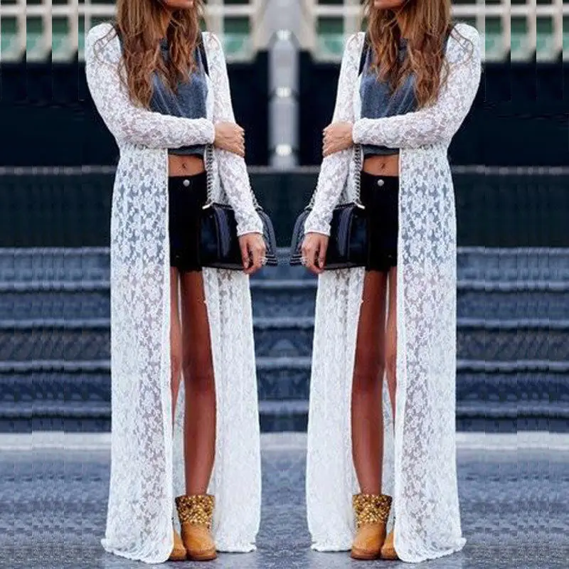 

2017 Summer Boho Maxi Lace Floral Crochet Beach Cover Up Long Top Shirt Cardigan Top Blouse White