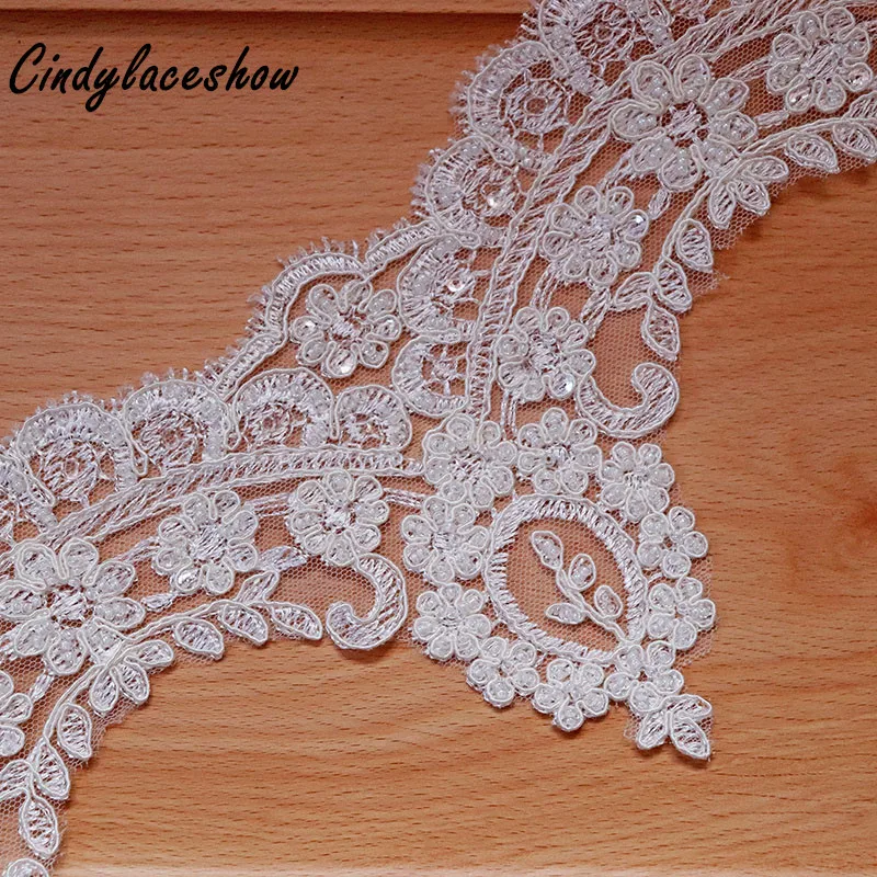 12.8cm Width White Sequin Beaded Lace Trim Ribbon Clothes Accessories