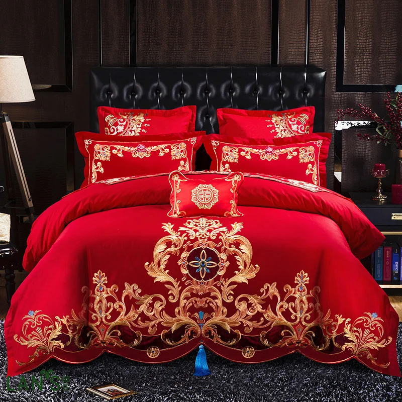 2018 Luxury Gold Embroidery 4pcs Bedding Sets 100cotton Red