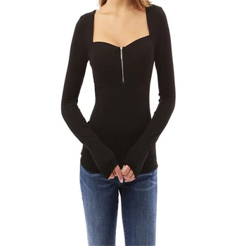 

3colors Women Sexy Zip Up Front Square Neck Long Sleeve Blouse Slim Cotton Tops Plus Size