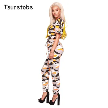 

Tsuretobe Casual Camouflage Jumpsuit Women Short Sleeve Bodycon Elegant Jumpsuit Zipper Slim High Mid Waist Women Jumpsuit